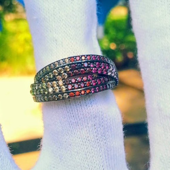 Rainbow of Sparkling CZs rose gold over sterling cross-over band ring sz 6 - Picture 1 of 12